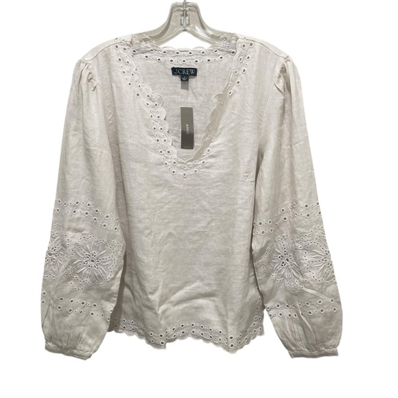 J Crew Bungalow Top Natural Ivory Womens Size Small Linen Eyelet Long Sleeve - Picture 2 of 10
